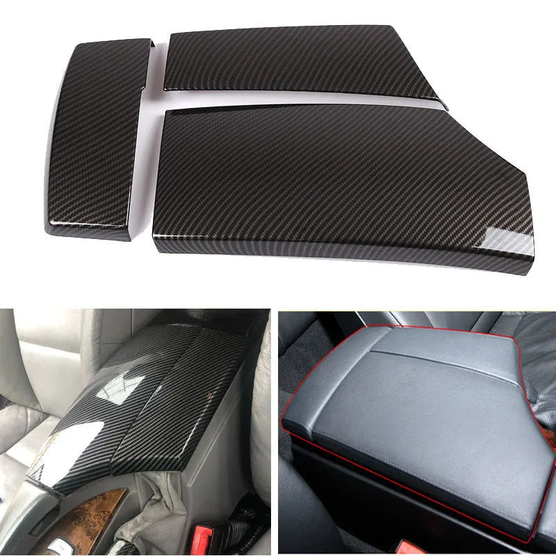 Three ABS armrest box protective covers with carbon fibre diagonal weave pattern showing polished shiny surface