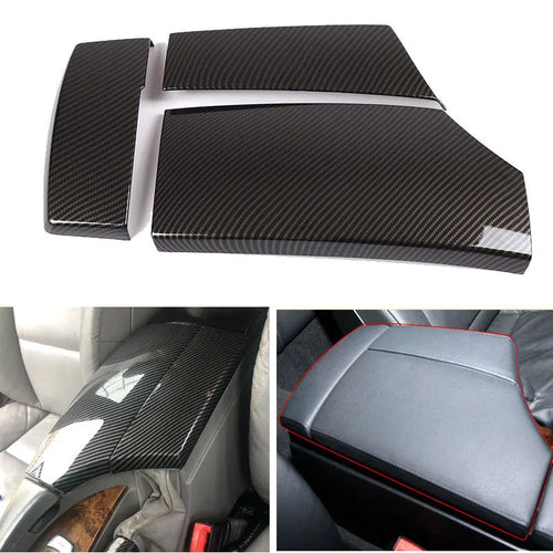 Three ABS armrest box protective covers with carbon fibre diagonal weave pattern showing polished shiny surface