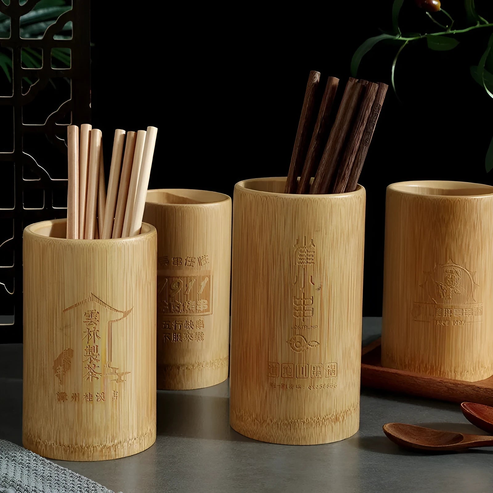 Bamboo chopsticks holder with multiple style options including bevel and groove designs