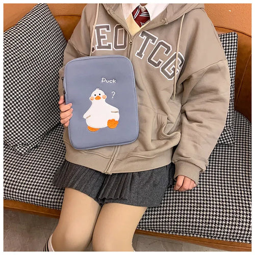 Blue tablet case with cartoon duck embroidery design and zipper closure