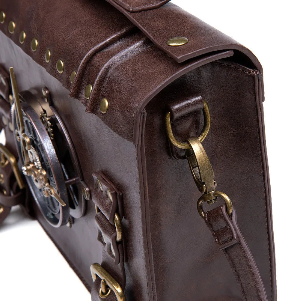 Bronze steampunk industrial retro shoulder bag with pillow shape and metal details
