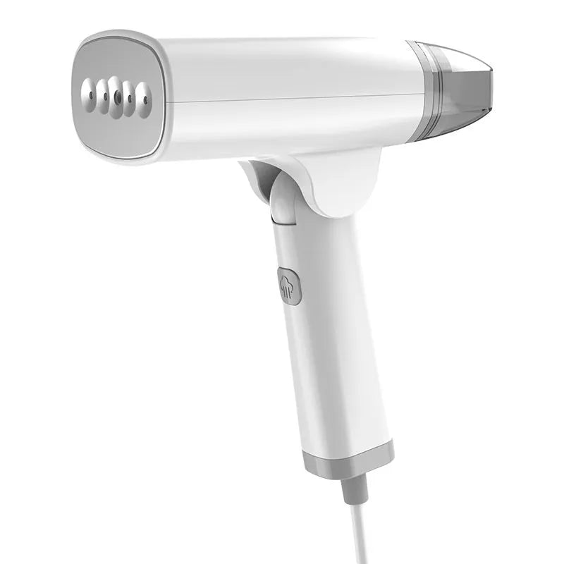 Handheld garment steamer in blue or white with 1300W power and compact design
