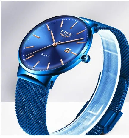 Stainless steel men's watch with 40mm dial, shown in black, blue, and black/blue colour variations.