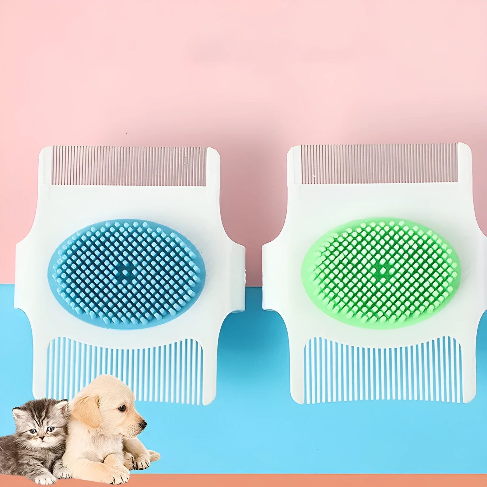 Small blue or green multifunctional dog grooming tool with hair removal and massage functions