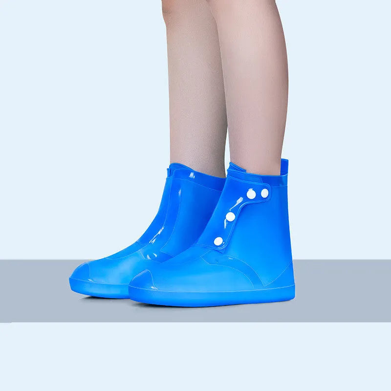 Women's white PVC high-top waterproof shoe covers with anti-skid soles for rainy day outdoor use