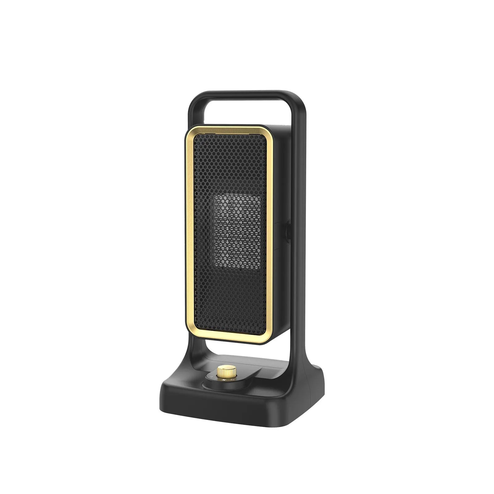 Black PTC ceramic desk heater with control knob, compact rectangular design measuring 14.9x11.1x33.5cm