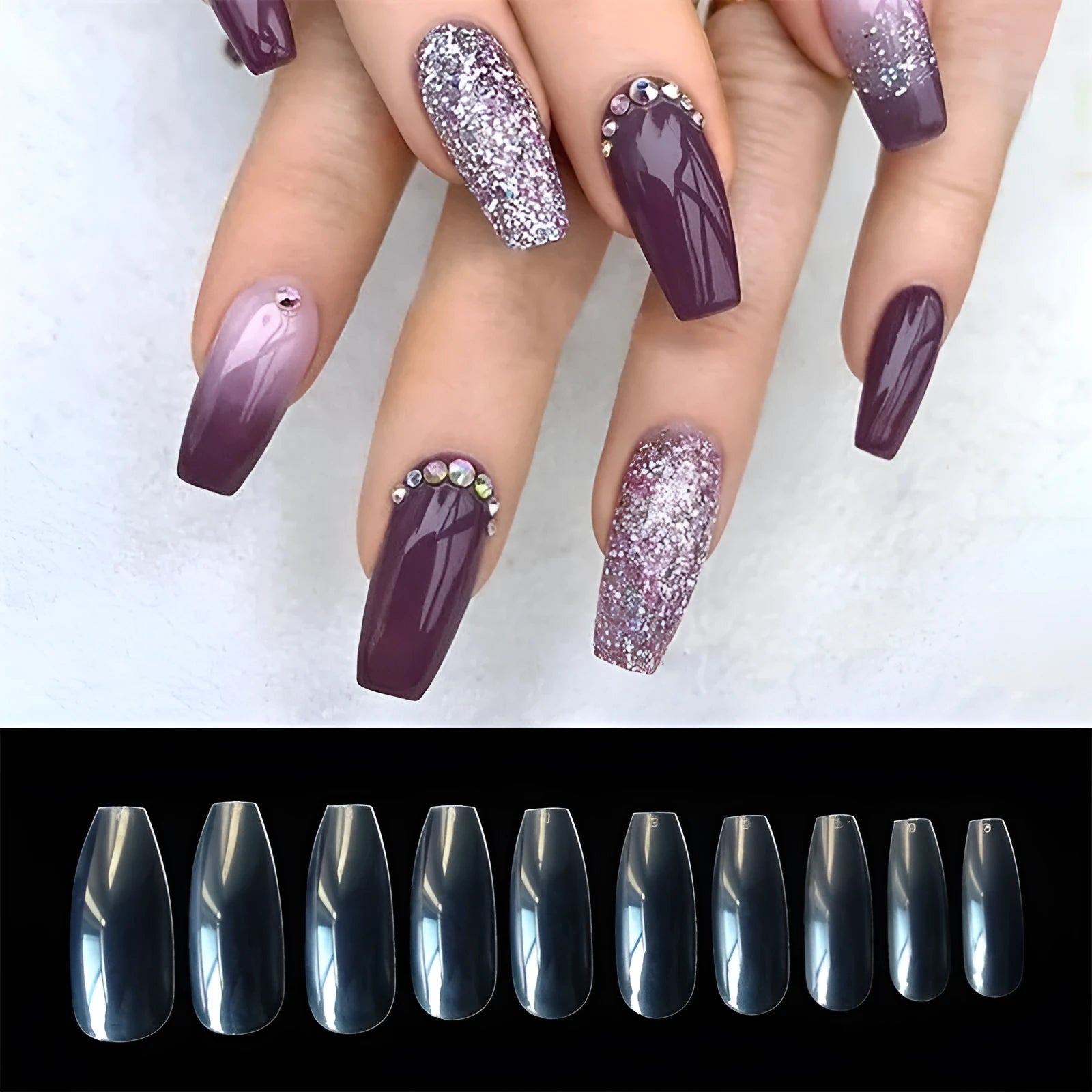 500 clear acrylic false nails in natural colour with 10 different sizes for professional or home manicures