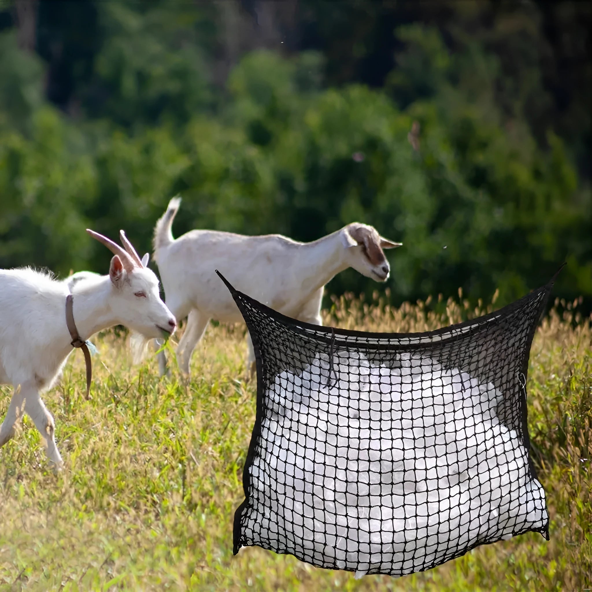 Woven PE rope livestock feeding bag hanging with grid design for cattle horses sheep