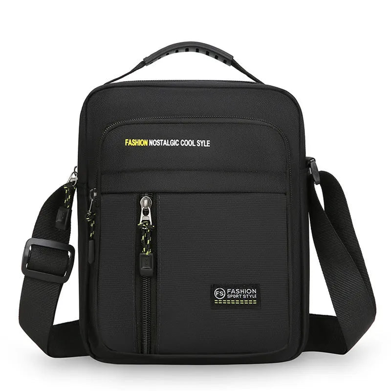 Men's nylon crossbody messenger bag with sewing thread detailing in black, blue, green, or grey.