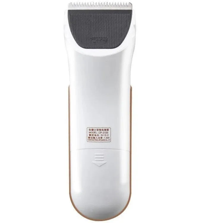 White pet hair clipper with ceramic blade and AA battery operation for home grooming