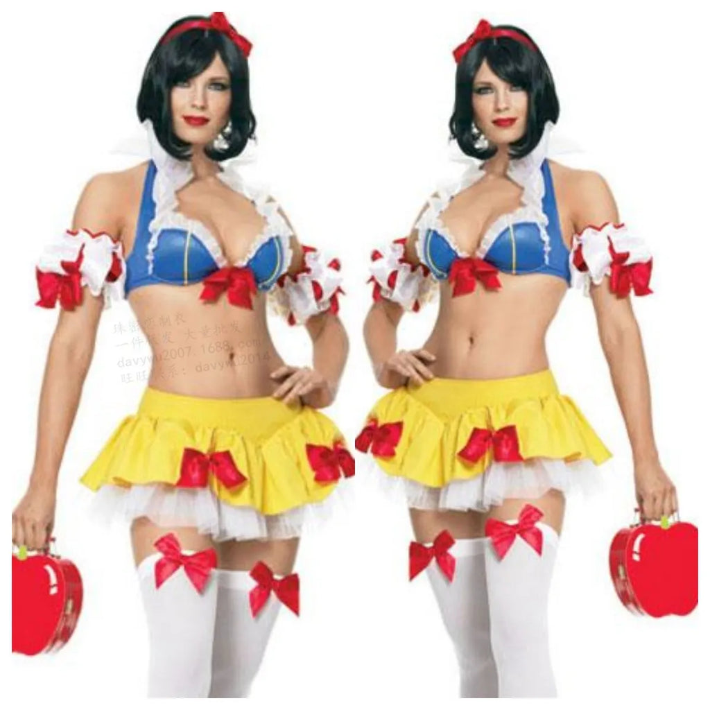 Anime Snow White costume set with headdress, top, short skirt, and sleeves in cotton blend spandex fabric
