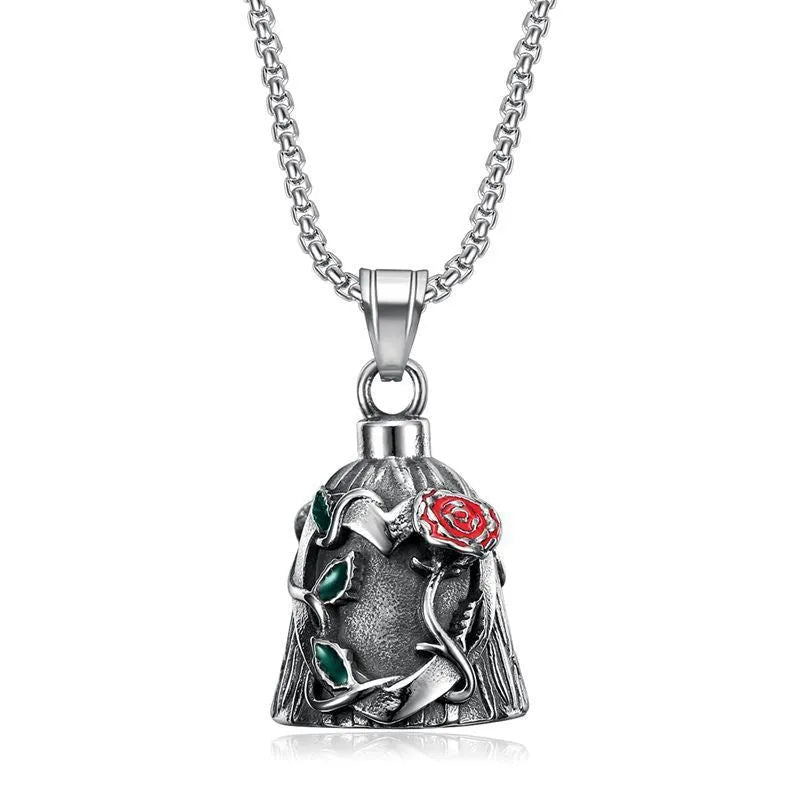 Titanium steel vintage polished motorcycle lucky bell with double-sided epoxy rose and geometric design