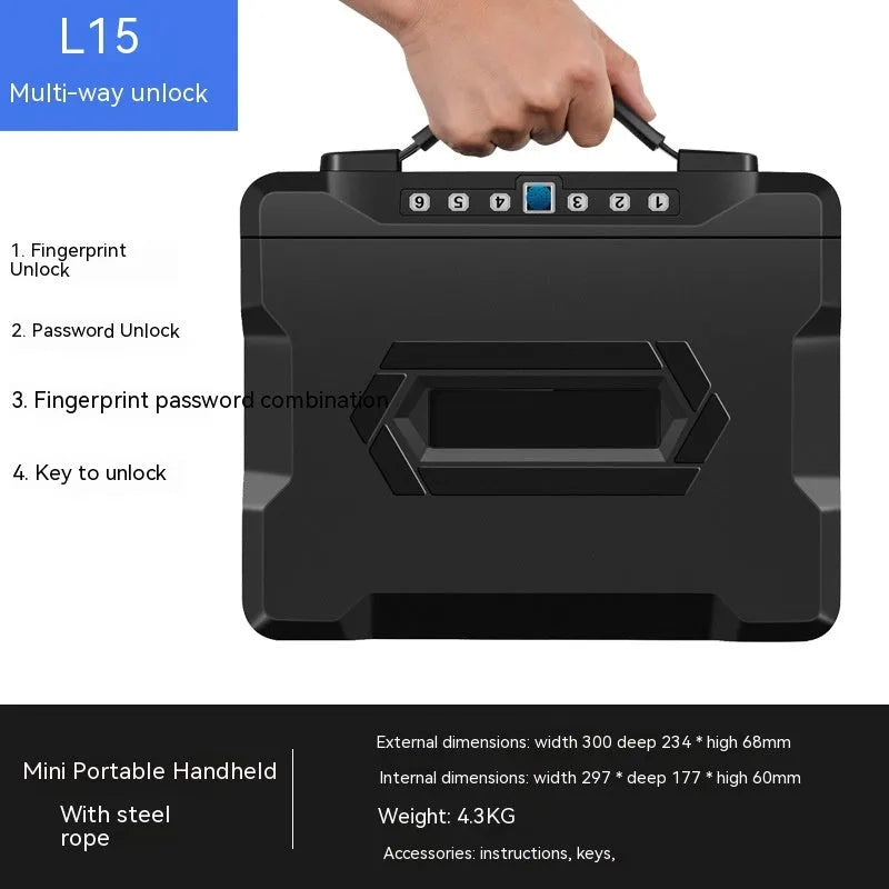 L12 model portable small password safe made of steel with a mechanical combination lock.
