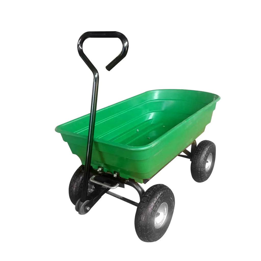 Green TC2145 four-wheel plastic dumptruck with a steel and PP body for garden hauling.