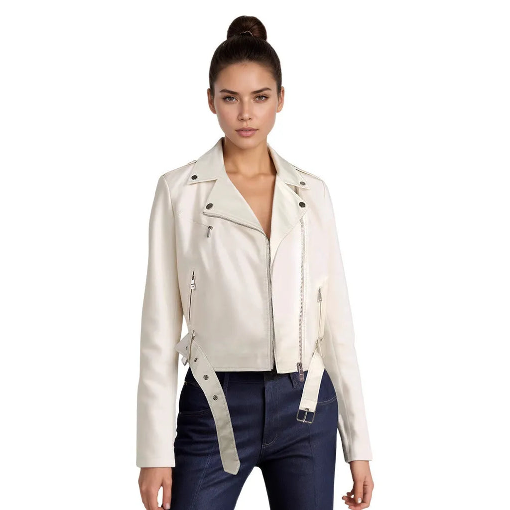 Women's red PU leather motorcycle jacket with short belt lapel and regular sleeves
