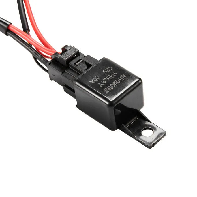 Black off road LED spotlight wiring harness with 2 metre cable and integrated light bar switch