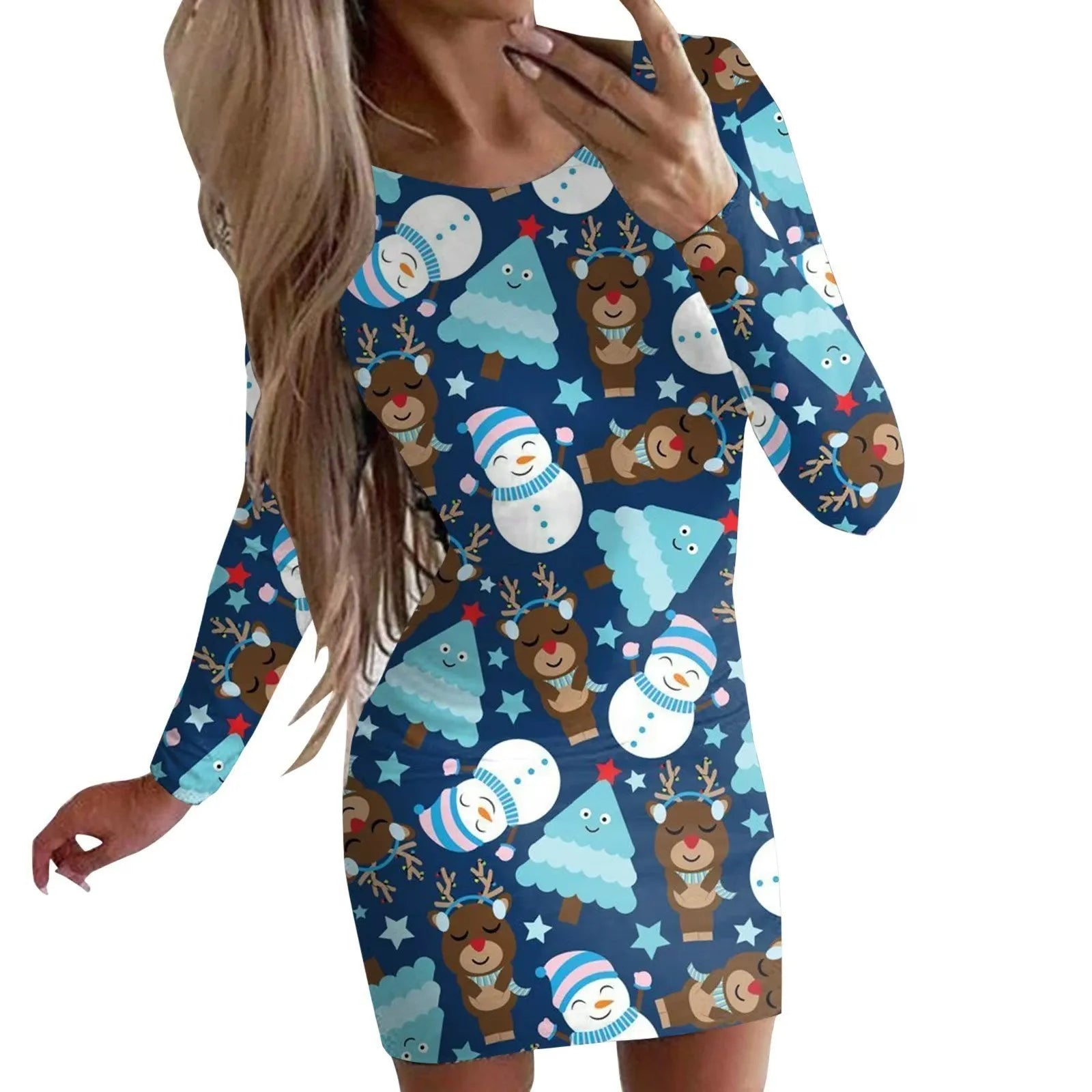 Women's tight-fitting Christmas dress with floral animal print, round neck, long sleeves, and a short hip skirt.