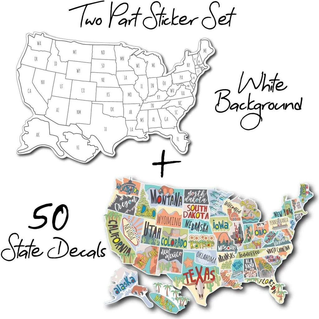 Travel-themed car body sticker set with world map design and custom letter stickers on white background
