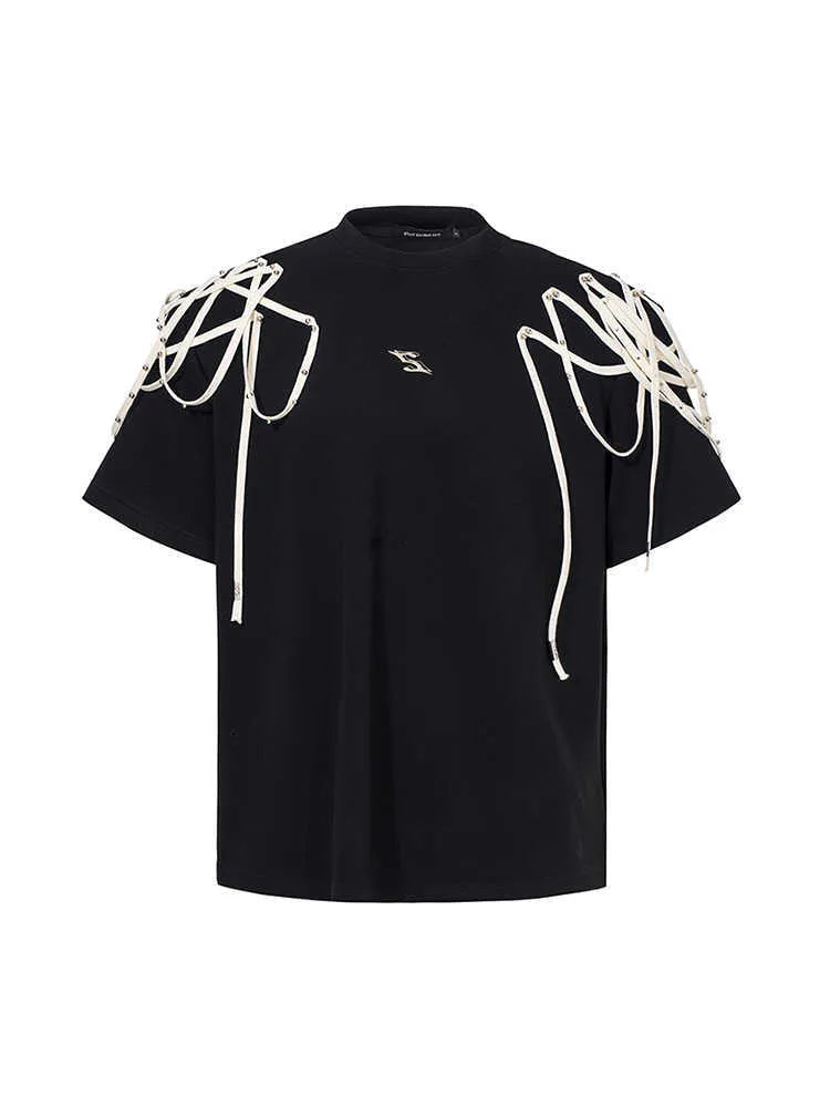 Black short-sleeved T-shirt with rivet ribbon padded shoulders, loose fit, round neck