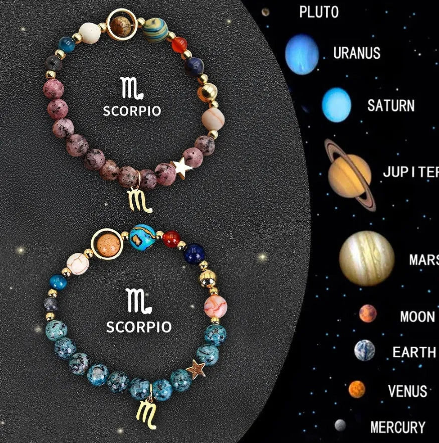 Set of two natural stone beaded bracelets with adjustable strings, showcasing zodiac constellation styles.