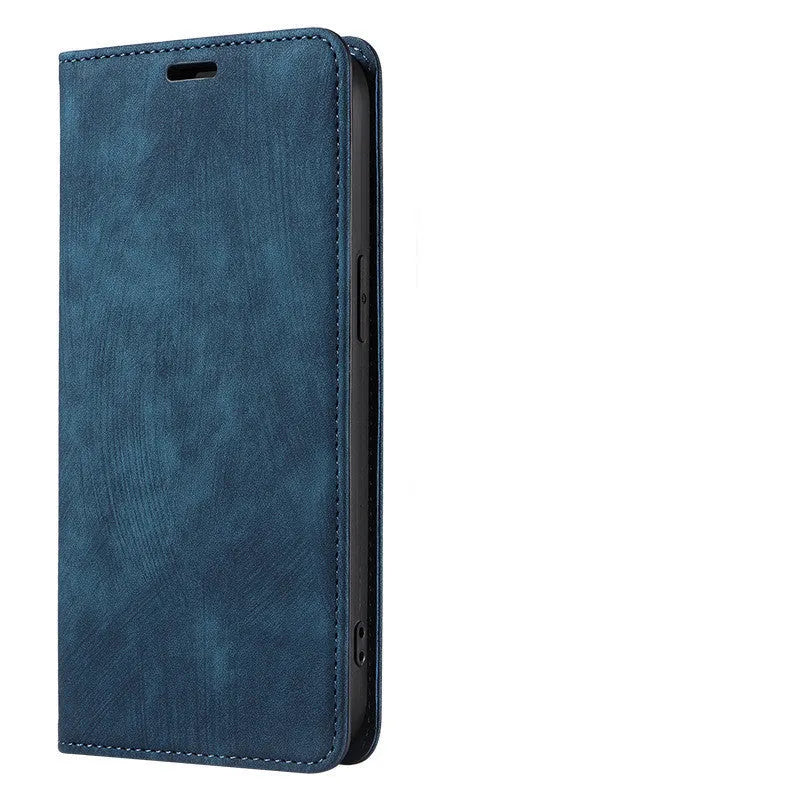 Magnetic flip leather phone case for iPhone shown in grey colour, displaying front cover closed.