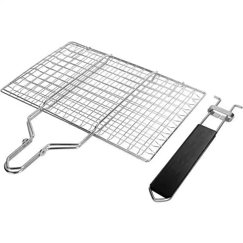 Square stainless steel folding barbecue mesh basket with a cleaning brush on a grill.
