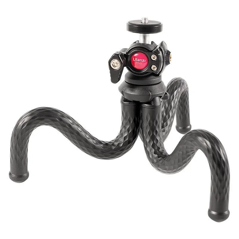 Black octopus-style aluminium alloy tripod with phone clip extended to 360mm length.