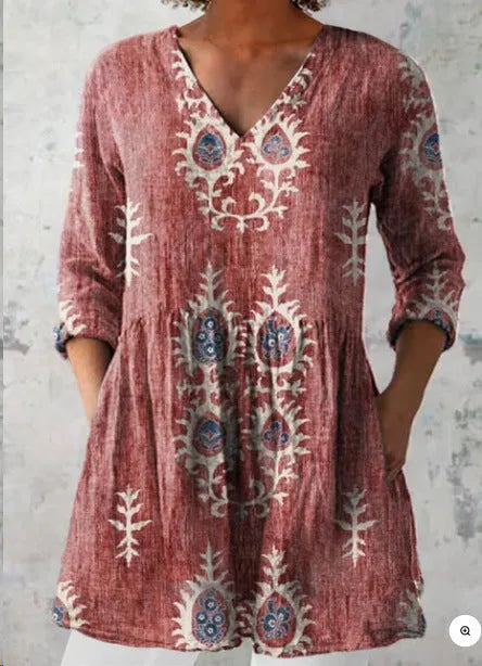 Women's printed floral dress with loose fit, wide waist, and 3/4 ruffle sleeves