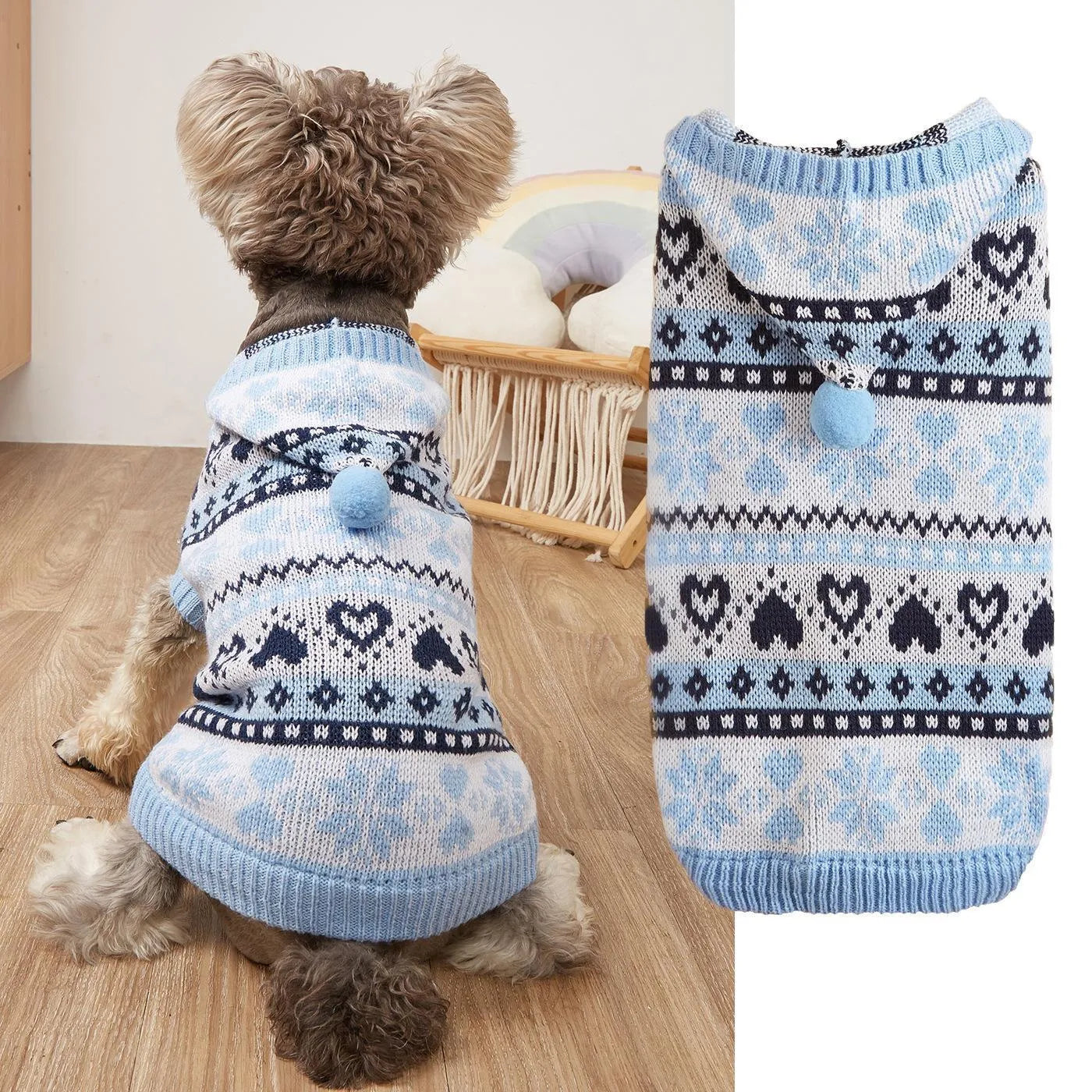 Striped camouflage dog sweater with snowflake motifs in pink acrylic knit for small breeds