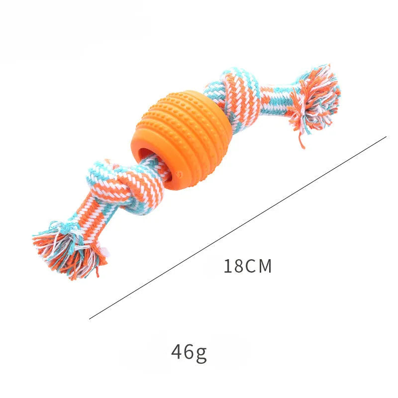 Blue dog chew toy with rope handles and textured molar surfaces for teeth cleaning