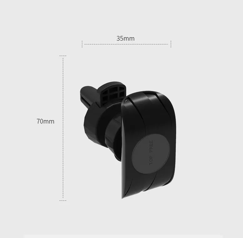 Black universal car phone holder attached to a car air vent.