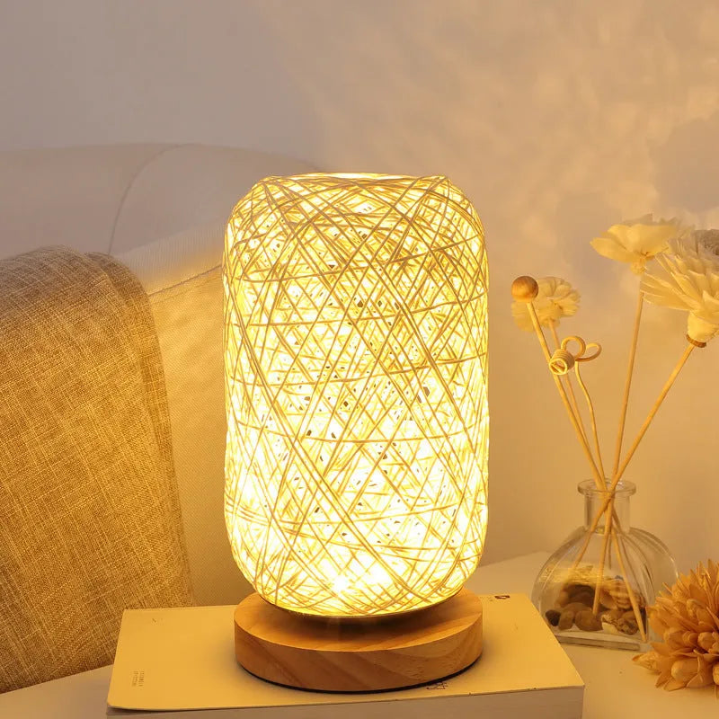 Natural hemp rope Sepak Takraw sphere desk lamp with solid wood base and USB cable