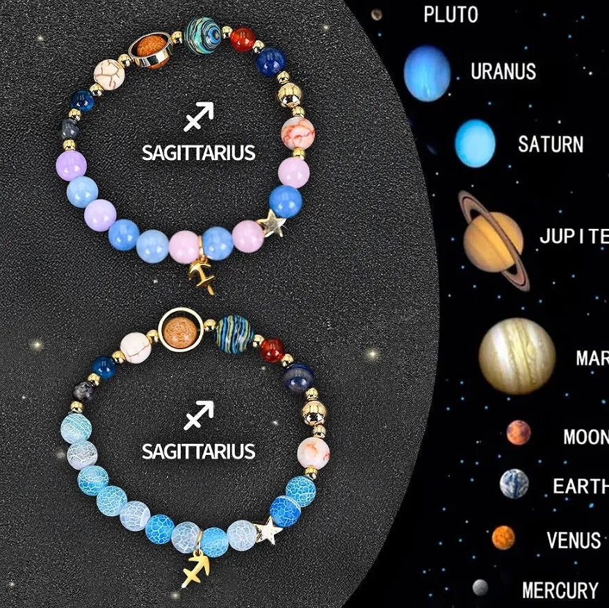 Two natural stone beaded bracelets with Chinese zodiac charms on elastic cord