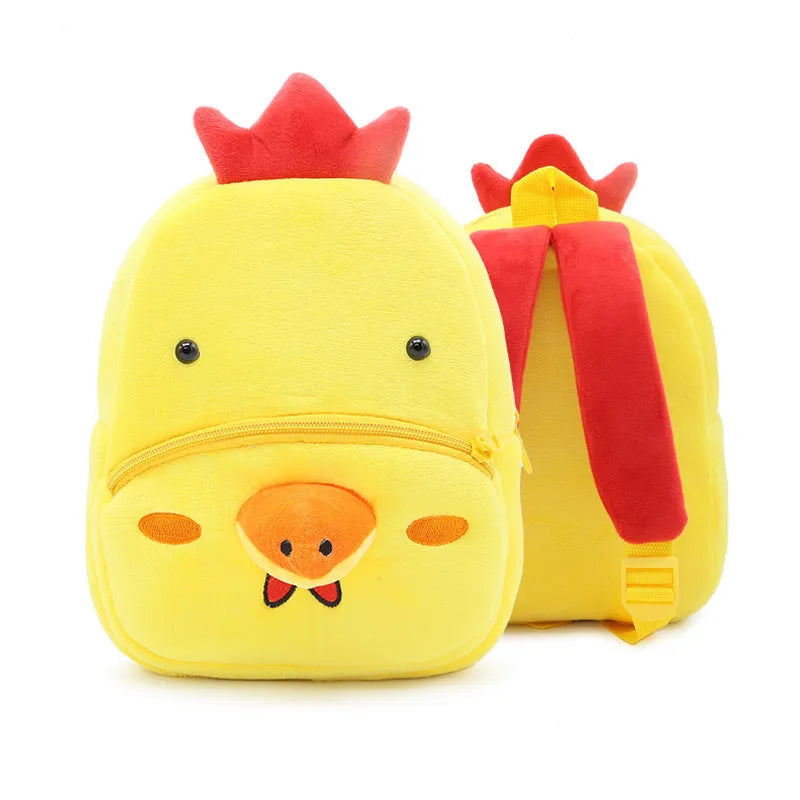 Soft plush children's backpack with cartoon animal design, showing zippered main compartment.
