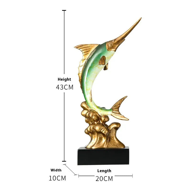European style decorative resin swordfish ornament in Ocean Green, Lake Blue, Coral Red or Bright Gold.