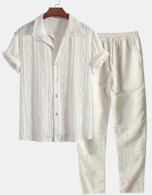 Men's loose fitting short sleeve shirt and trousers casual suit in milk silk polyester fabric