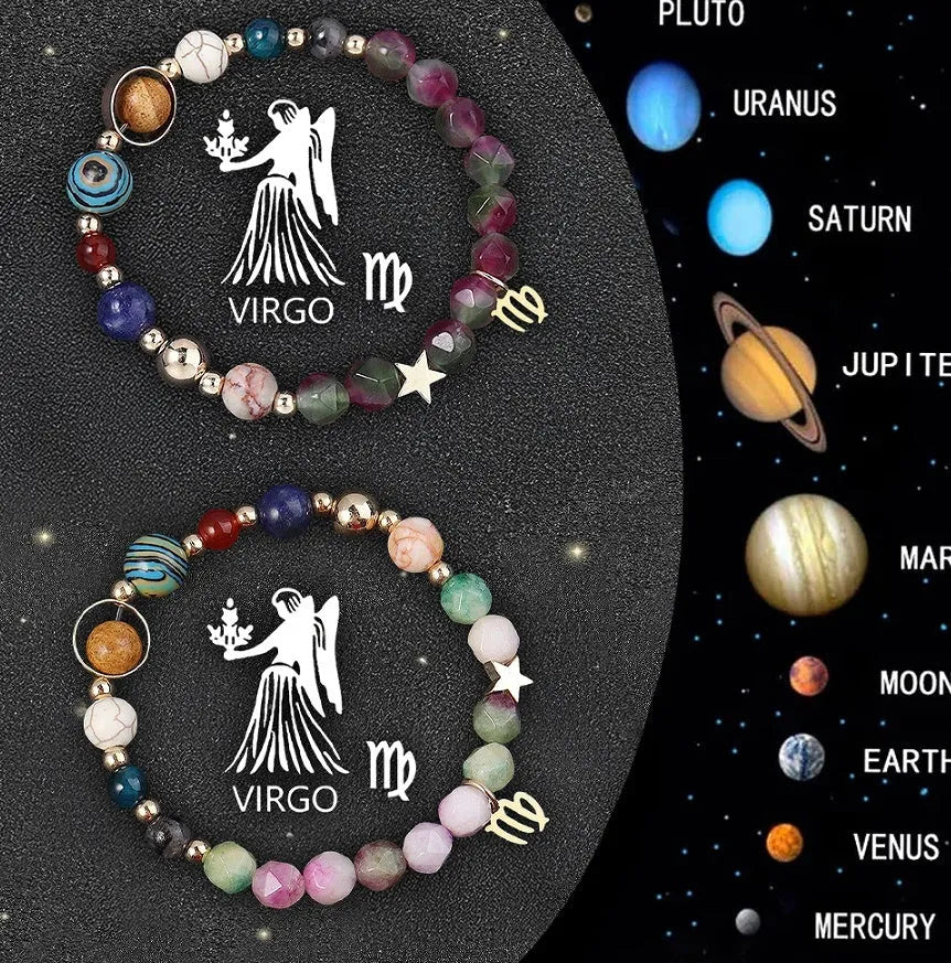 Natural stone beaded zodiac bracelets showing twelve astrological sign designs on elastic cord