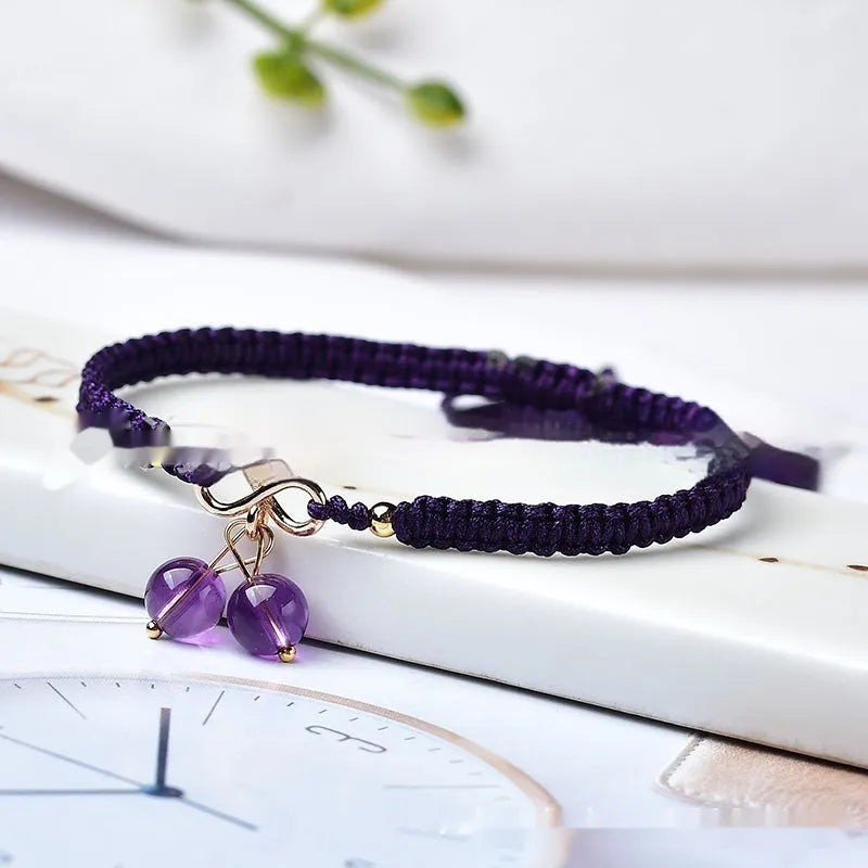 Natural strawberry quartz bracelet for women with cherry fruit charm and crystal beads