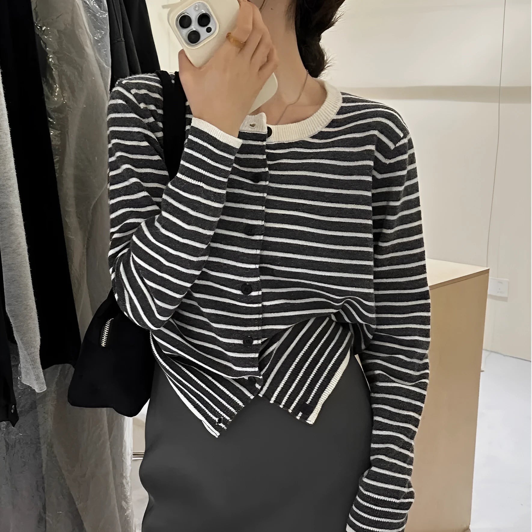 Women's dark grey and white striped cardigan coat with 40cm length and slim French style fit