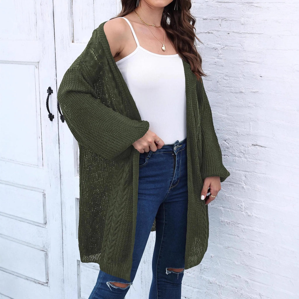 Women's loose acrylic cardigan in free size, shown in solid colour options including army green, black, brown, light grey, and rose red.