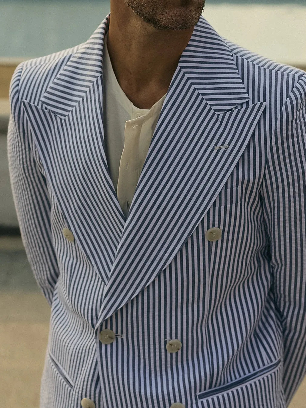 Blue and white striped polyester suit set with blazer and trousers in regular fit