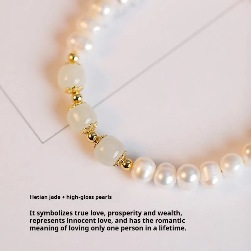 Korean style freshwater pearl bracelet with diamond-shaped electroplated beads in jade colours