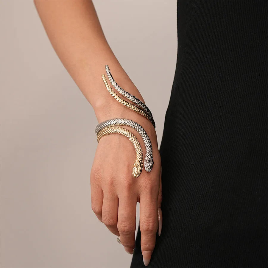 Gold electroplated metal snake design ring and bracelet set with exaggerated twisting