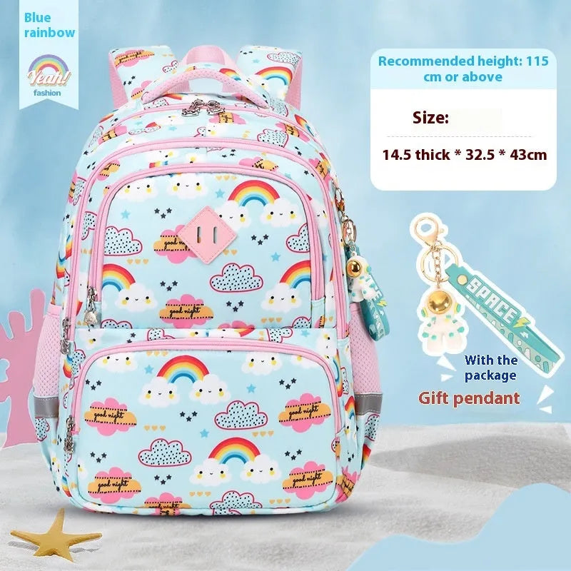 Blue children's school backpack with dinosaur print, showing curved straps and modern design.