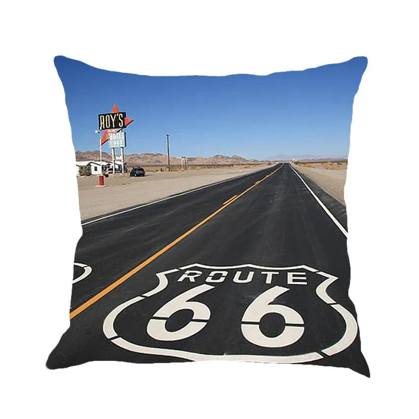 Route 66 landscape pattern on a 45cm square linen and cotton blend cushion cover.