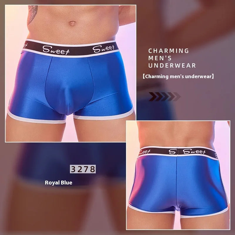 Men's shiny silky nylon boxers in black, white, and sapphire blue colours, free size.