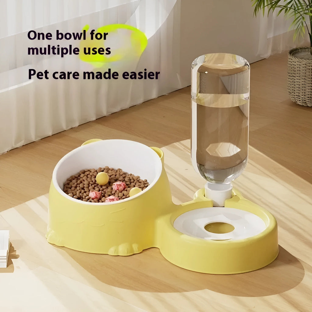 Automatic cat drinking basin with stainless steel ceramic design and separate food bowl in haze blue colour