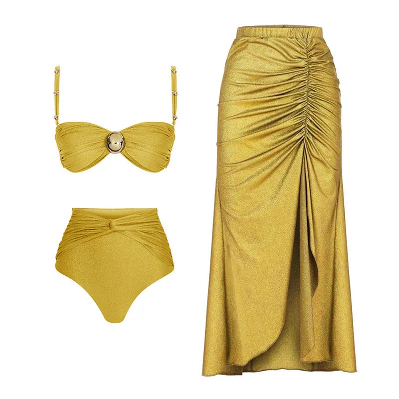 Yellow and green women's high waist split bikini and one-piece swimsuits on a beach backdrop.