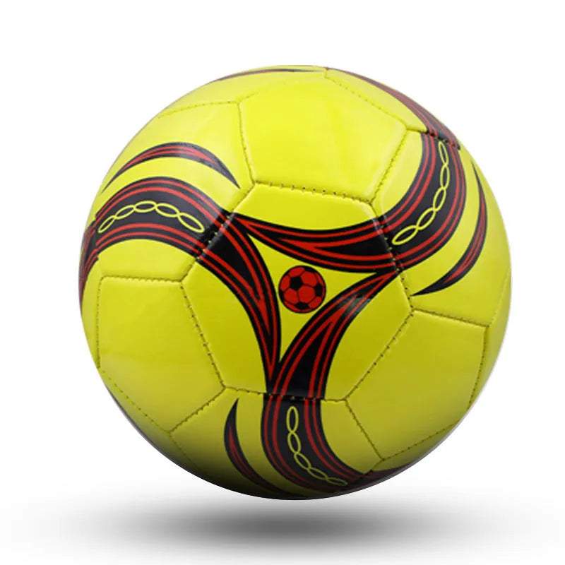 Machine-sewn PVC football in sizes 3, 4, and 5 shown in various colour patterns including red dragon roll and tornado blue.