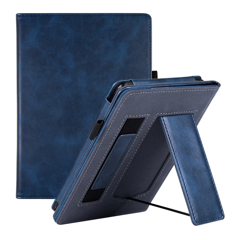 Kindle Paperwhite 5 leather case showing hand strap bracket and magnetic closure in a choice of colours and designs.